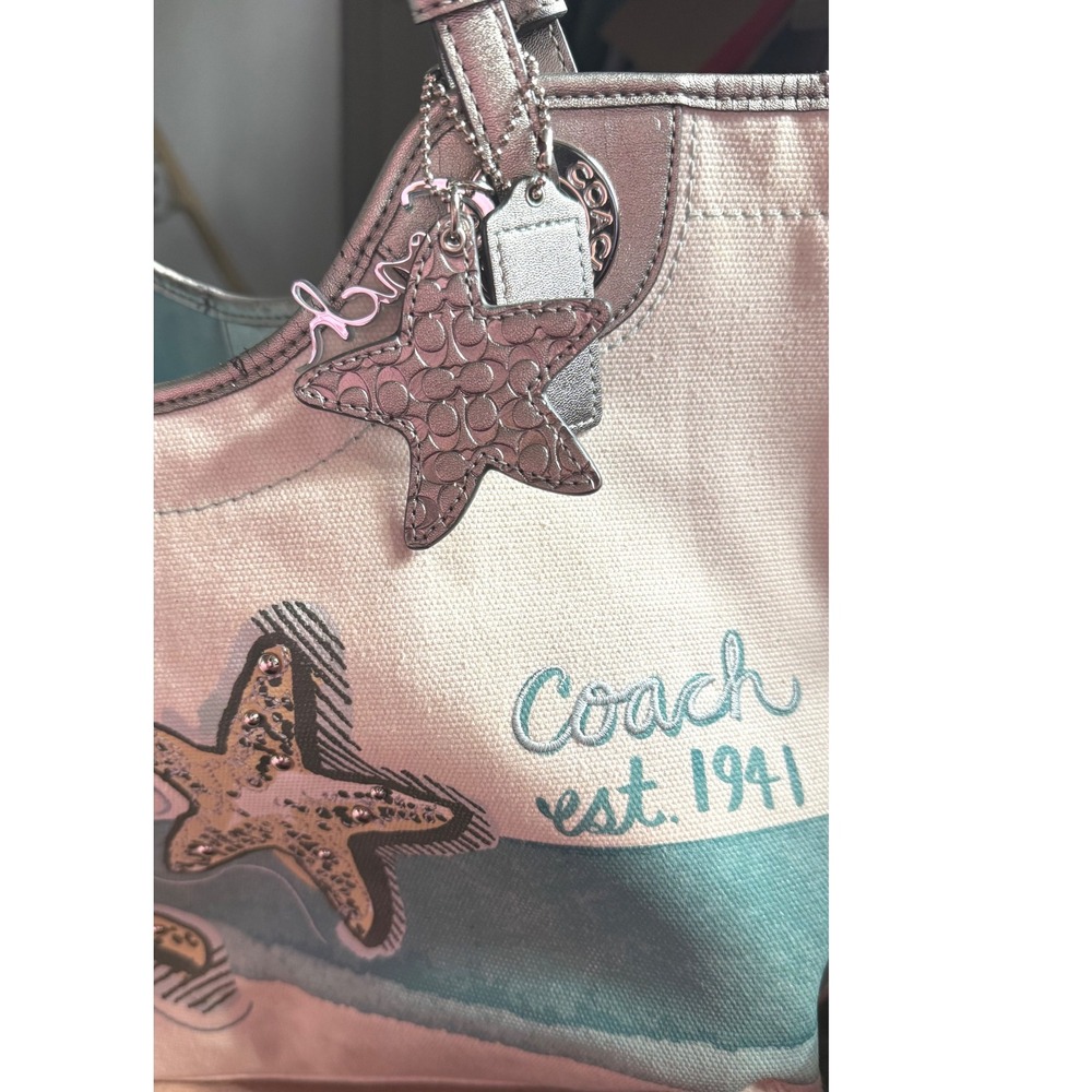 Coach Starfish Beach Canvas Tote Bag Silver Metallic Leather Trim F19212 - Picture 4 of 13